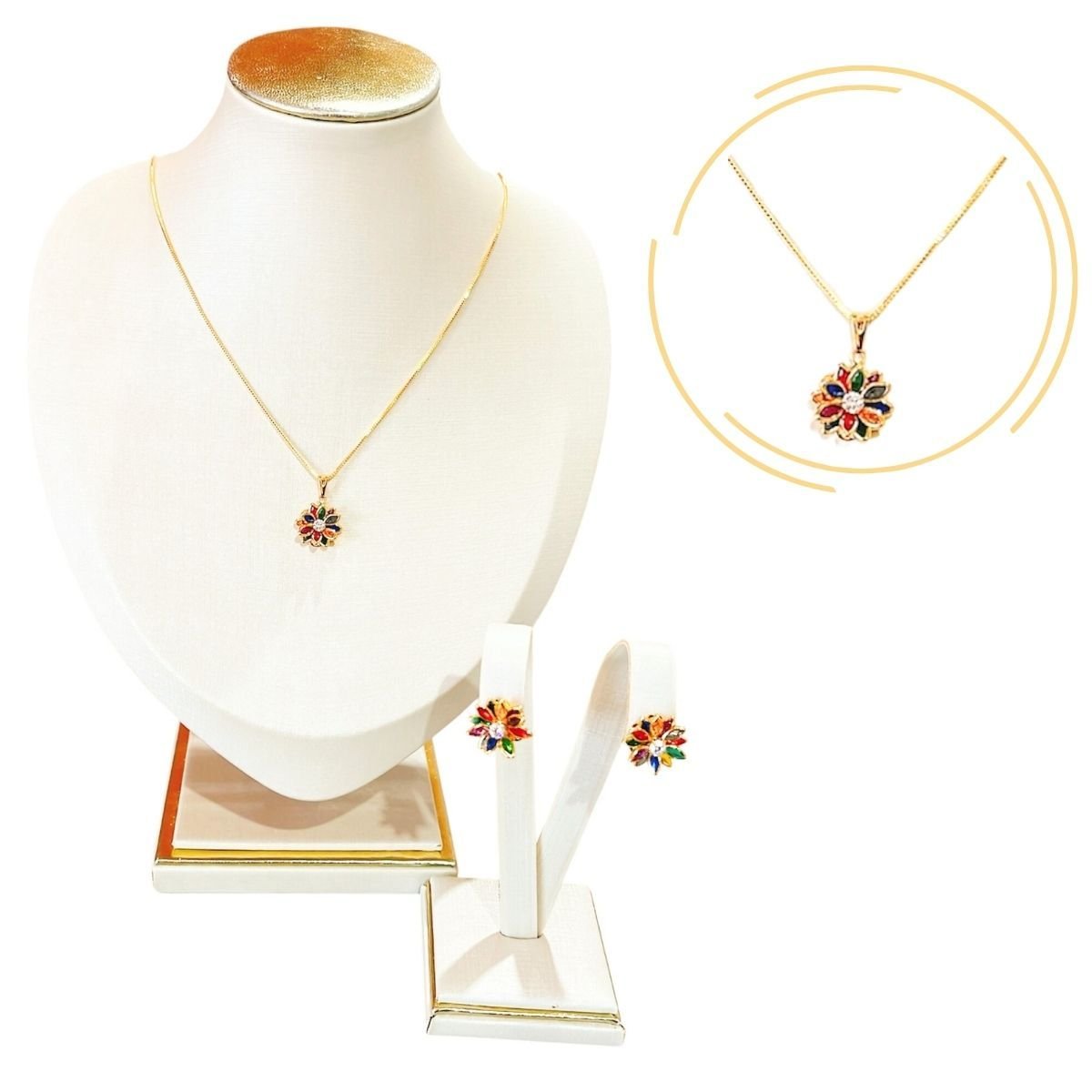 CONJUNTO DOURADO COM FLOR COLORIDA