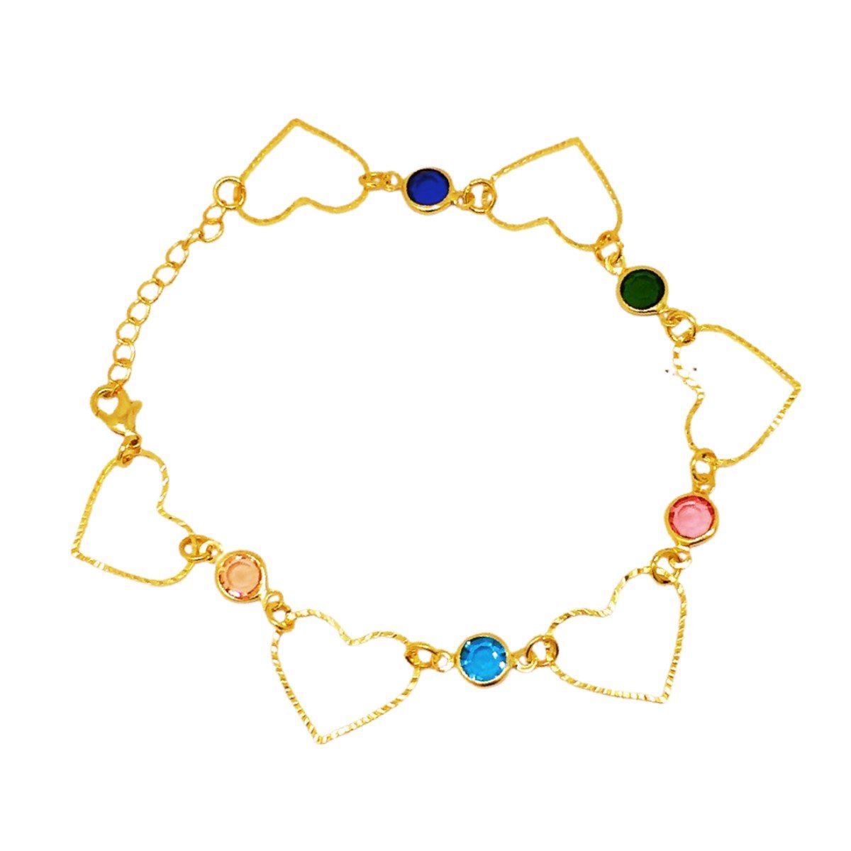 Pulseira dourada corações e pedras coloridas