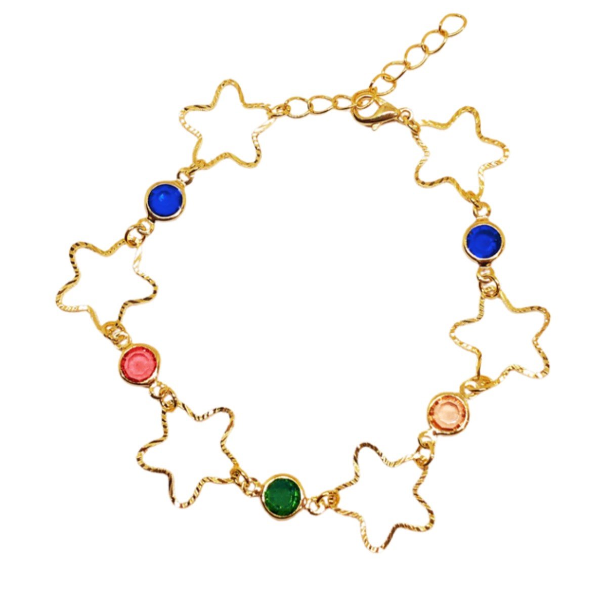 Pulseira dourada estrelas e pedras coloridas